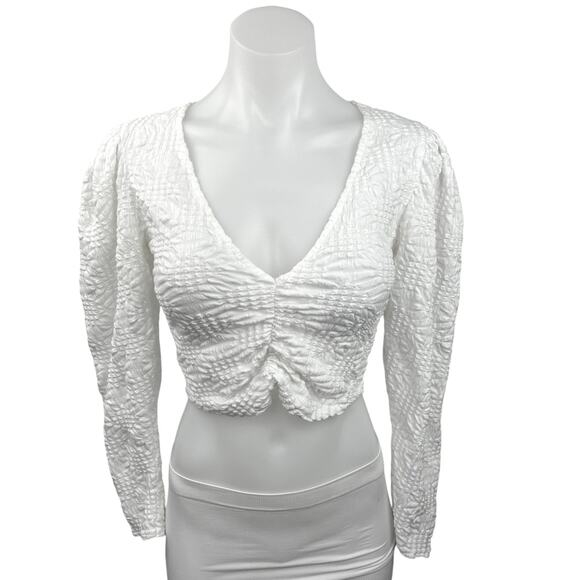 Zara White Textured Ruched Deep V Neck Long Puff Sleeve Crop Blouse Top Size S - Picture 1 of 4